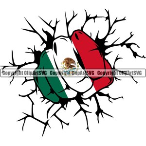 May include: A green, white, and red fist breaking through a cracked wall. The fist is painted with the Mexican flag, featuring a golden eagle on a cactus.
