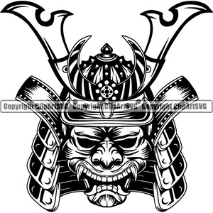 May include: Black and white illustration of a samurai warrior's helmet with a fierce expression. The helmet is decorated with intricate details and features a menacing mask.