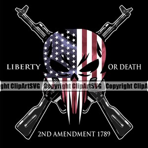 May include: A black and white skull graphic with an American flag design. The skull has crossed rifles behind it and the text "LIBERTY OR DEATH" and "2ND AMENDMENT 1789".