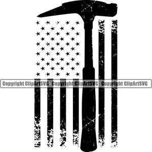 May include: Black and white silhouette of a hammer with a distressed American flag background. The hammer is centered in the image and the flag is behind it.