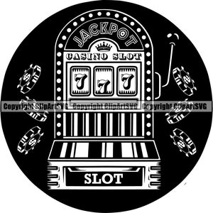 Máquina tragamonedas Lucky 777 Jackpot Casino Apuesta Dinero Chip Ganar Riesgo Jugar Poker Craps Vegas Spin Card Juego Diseño Logo SVG PNG Vector Clipart Cut