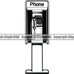 Könnte beinhalten: Eine Schwarzweißillustration eines alten öffentlichen Telefons mit dem Wort "Phone" über dem Telefontastenfeld.