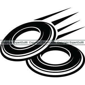 May include: Black and white illustration of two flying rings, resembling a pair of frisbees, with a stylized motion blur effect.