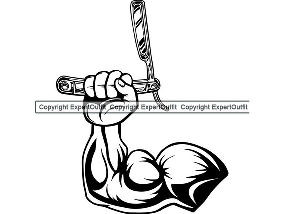 Barber Shop Logo Hand Fist Hold Straight Razor Bicep Muscle Etsy