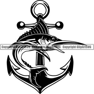 Puede incluir: Una ilustración en blanco y negro de un pez marlin envuelto alrededor de un ancla. El ancla tiene un anillo en la parte superior y dos pequeños círculos en los lados.