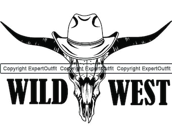 Cowboy Logo Outlaw Bull Skull Horns Hat Country Western Rodeo Ranch Old Wild West Redneck Logo .SVG .PNG Clipart Vector Cricut Cut Cutting