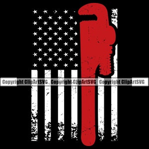 May include: A red wrench superimposed on a distressed white and red American flag. The wrench is a common tool used by plumbers and mechanics.