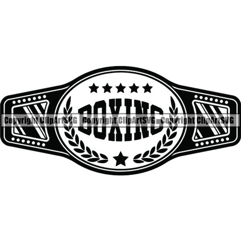 May include: Black and white illustration of a boxing championship belt with the word "BOXING" in the center. The belt has a star and laurel wreath design.