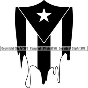 May include: Black and white silhouette of a dripping shield with the flag of Puerto Rico inside. The shield is shaped like a heart and has a star in the center.