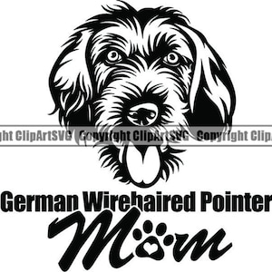 Puede incluir: Gráfico en blanco y negro de la cara de un perro Braco Alemán de pelo duro, con el texto "German Wirehaired Pointer Mom" y una huella de pata con un corazón.
