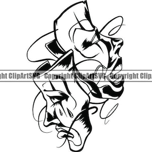 Máscaras tristes felices #13 Ríe ahora llora después Cara de payaso Gángster Motociclista Matón Tatuaje Ilustración Theatre.SVG.PNG Clipart Vector Cricut Corte Corte