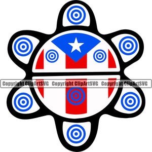 May include: A black and white illustration of a stylized turtle with a red, white, and blue Puerto Rican flag inside. The turtle has five circles around its shell, each with a blue ring and a white center.