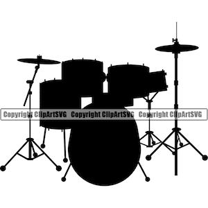 Drum Set Schlagzeuger Instrument Rock Musik Band Konzert Sound Kit Becken Beat Jazz Bass Silhouette Text Design Logo SVG PNG Clipart Vektor Datei