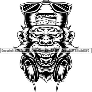 Crazy Monkey DJ DJ Mütze Mütze Kopfhörer Augenpiercing Spin Mixer Disc Jockey Vinyl Musik Club Design Logo SVG PNG Vektor Clipart geschnitten Datei