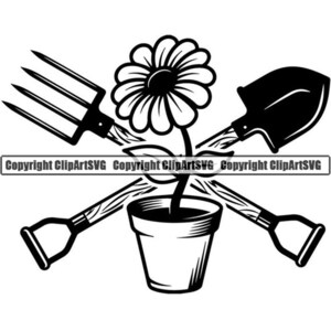 May include: Black and white illustration of a flower in a pot with a shovel and a pitchfork crossed behind it.