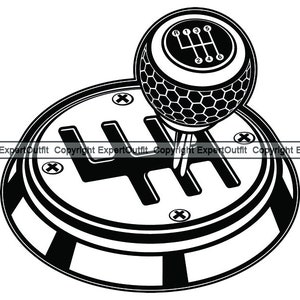 May include: Black and white illustration of a car gear shifter with a 4-speed pattern and a gear knob with numbers 1 through 6.