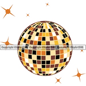 May include: A gold, brown, and black disco ball with white squares. The disco ball is surrounded by small, orange stars.
