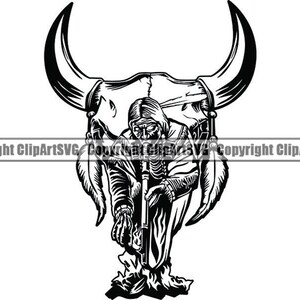 May include: Black and white illustration of a Native American man sitting inside a bull skull. The man is wearing a feathered headdress and holding a pipe.