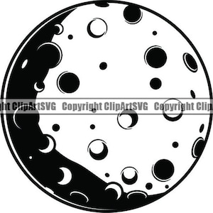 May include: Black and white illustration of a moon with craters.