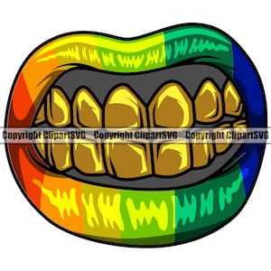 Gold Teeth Lips Gay Pride Rainbow LGBT Mouth Grillz Grill Thug Gangster Pose Doctor Mask Hot Art Design Logo SVG PNG Clipart Vector Cut File