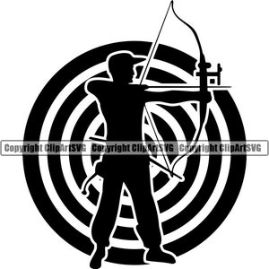 May include: Silhouette of an archer aiming an arrow at a target with concentric circles. The archer is wearing a hat and holding a bow and arrow.