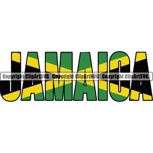 May include: The word "JAMAICA" in black outlined letters with the colors of the Jamaican flag, green, yellow, and black, inside each letter.