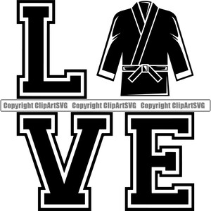 May include: Black and white graphic design of the word "LOVE" in a varsity style font. The letter "O" is replaced with a black and white illustration of a karate uniform.