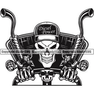 May include: Black and white illustration of a skull wearing a baseball cap that says "Diesel Power". The skull is holding a steering wheel with skeletal hands.