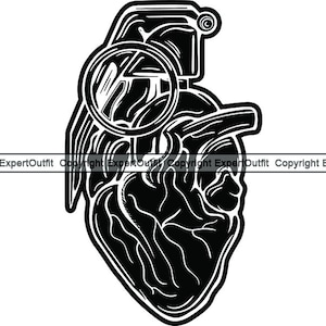May include: Black and white illustration of a heart shaped like a grenade. The heart has a pin and a fuse.