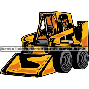 Peut inclure: Illustration de dessin animé jaune d'un chargeur à chenilles avec une benne noire. Le chargeur a une cabine noire avec une fenêtre jaune et un volant noir.