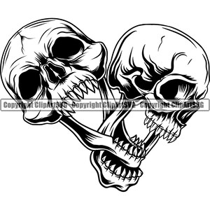 May include: Black and white illustration of two human skulls with open mouths and sharp teeth. The skulls are positioned in a heart shape.