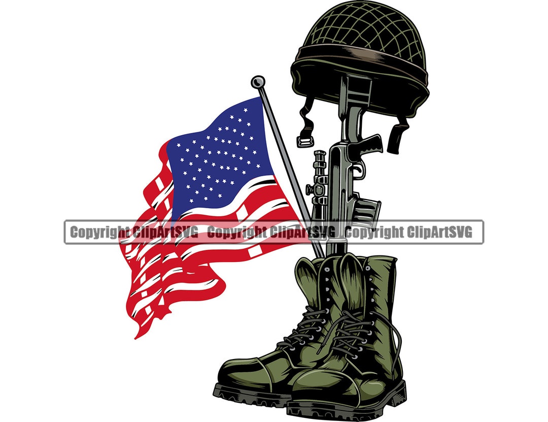 Military Boots Dog Tags Fallen Soldier Vet War Hero War US Veteran Gun