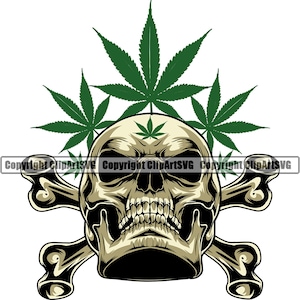 May include: A green marijuana leaf design with a skull and crossbones. The skull is white with black eyes and a black mouth. The crossbones are white.