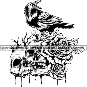 Totenkopf Krähe Rosen Death Calling Skelett Grinsen grinsend Böse Kill Killer Grimmiger Geist Tattoo Hölle Art Logo SVG PNG Vektor Clipart Schneiden Schneiden