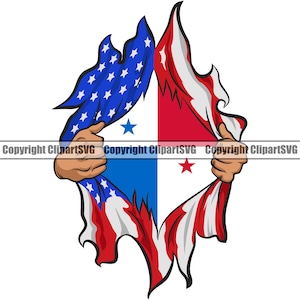 May include: An illustration of a ripped American flag revealing a Panamanian flag underneath. The American flag is red, white, and blue with stars. The Panamanian flag is blue, white, and red with a star in each corner.