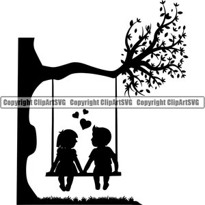 May include: Black silhouette of a couple sitting on a swing under a tree with hearts floating above them. The swing is hanging from a branch of the tree.