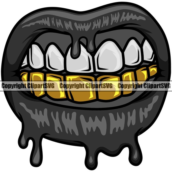 Gold Teeth Dripping Lips Mouth Grillz Grill Thug Gangster Pose Doctor Mask Drip Melt Melting Hot Art Design Logo SVG PNG Clipart Vector Cut