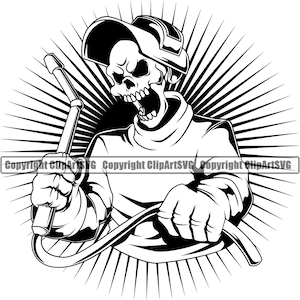 Pode incluir: Ilustração em preto e branco de um esqueleto usando um capacete de soldador e segurando um maçarico de solda. O esqueleto está usando um macacão de soldador e tem uma expressão determinada no rosto.