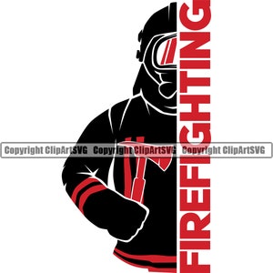 Puede incluir: Silueta en blanco y negro de un bombero con casco y máscara, sosteniendo un hacha. La palabra "FIRE FIGHTING" está escrita en letras rojas a la derecha del bombero.