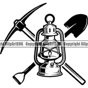 Könnte beinhalten: Schwarz-weiß-Illustration einer Laterne, einer Spitzhacke und einer Schaufel. Die Laterne hat eine Glaskugel und einen Metallrahmen. Die Spitzhacke und die Schaufel sind hinter der Laterne gekreuzt.