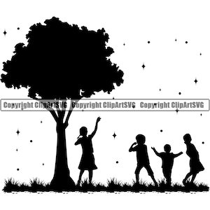 Árbol niños jugando atrapando fuego mosca hoja naturaleza crecer amor vida primavera marco pared arte decoración diseño tarjeta logotipo SVG PNG vector clipart corte archivo