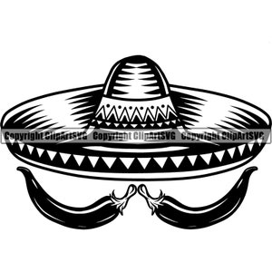 Mexikanische Sombrero Hot Chili Pepper Schnurrbart Essen Restaurant Mahlzeit Essen Ausgehen Essen Scharf Hot Logo.SVG .PNG Clipart Vektor Cricut Cut Cutting