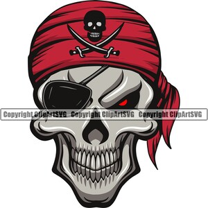 Könnte beinhalten: Ein Cartoon-Piraten-Schädel mit einem roten Bandana und einem Augenklapp. Das Bandana hat ein Totenkopf- und Knochenkreuz-Design. Der Schädel hat einen bedrohlichen Ausdruck mit einem roten Auge.