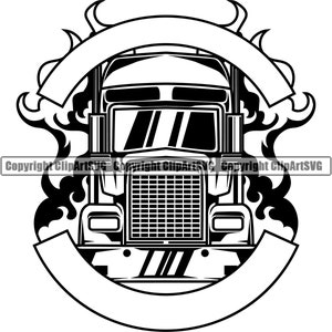 Trucking Fire Truck Driver Flames Ribbon Semi Big Rigg Tractor Trailer Delivery Shipping Cargo Design Element Logo SVG Clipart Vector Cut
