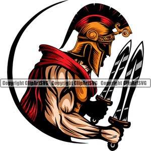 Casco de batalla espartano Guerrero Signo Espada Vikingo Bárbaro Mascota medieval Hombre enojado Juego Diseño muscular Logotipo SVG PNG Clipart Vector Cut