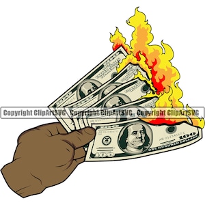 Homme noir main argent brûlant 100 billets de cent dollars feu brûler argent riche Crime Hustle Hustler Art Design Logo SVG PNG Clipart vecteur coupe