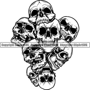 May include: A black and white illustration of seven human skulls stacked on top of each other. The skulls are drawn in a detailed and realistic style.