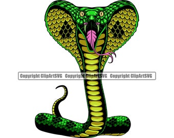 Könnte beinhalten: Eine grüne Kobra mit einer gelben und schwarzen gemusterten Haube, die sich in Abwehrhaltung mit offenem Maul und sichtbaren Zähnen aufrichtet. Die Schlange hat eine rosa Zunge und ist in einem realistischen Stil dargestellt.