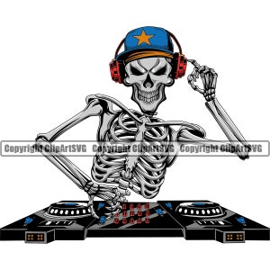 Musik DJ DJ Skeleton Skull Mütze Kopfhörer Turntable Spin Record Mixer Disc Jockey Vinyl Club Design Logo SVG PNG Vektor Clipart geschnitten Datei