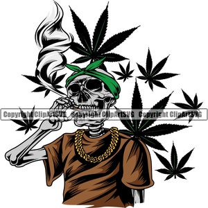 May include: A skeleton wearing a green bandana and a gold chain, smoking a marijuana joint. The skeleton is surrounded by marijuana leaves.